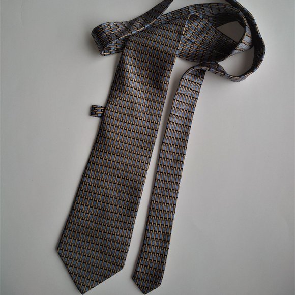 Carlo Ricci Blue, Yellow Gold & Black Rectangular Pattern 100% Silk Tie - Picture 1 of 5